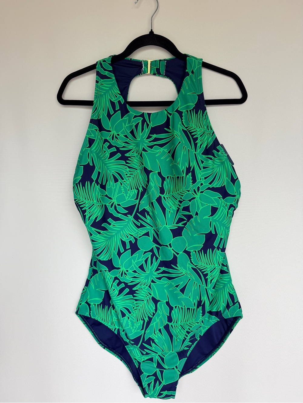 Lands’ End High Neck One Piece Swimsuit XXL Green Tropical Palm built in bra